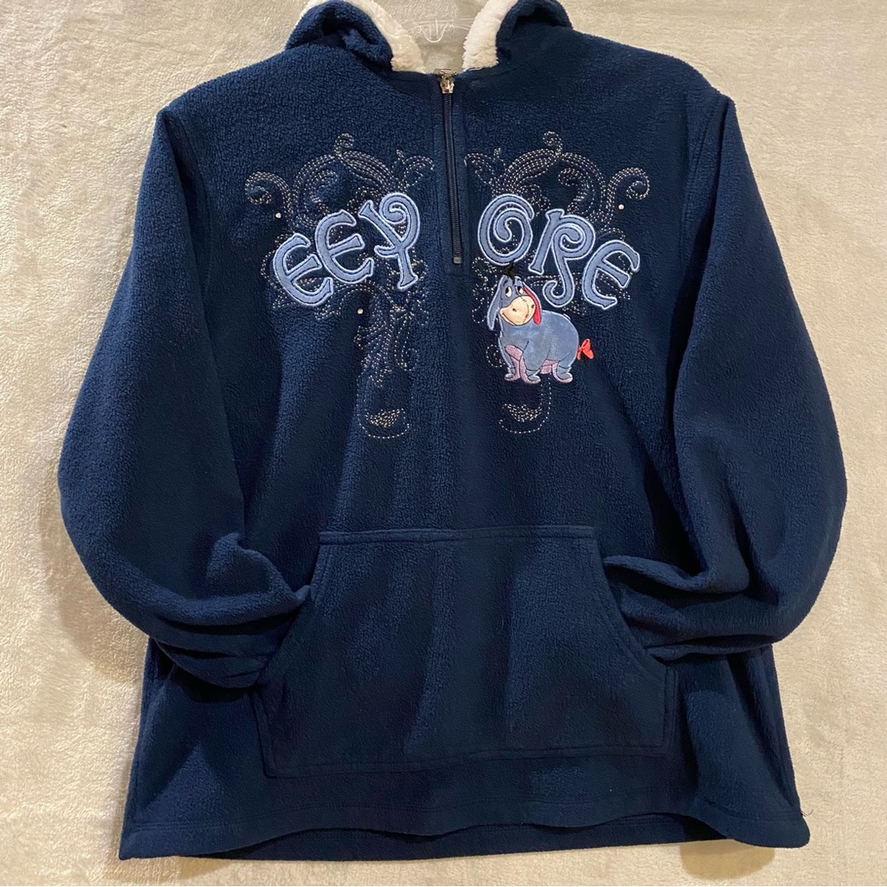 Disney Jacket Women’s Medium Blue Eeyore Embroidered Fleece Full Zip Hooded Fur